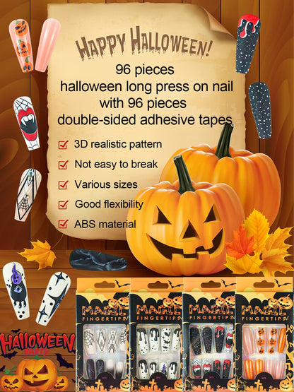 96 Pcs Halloween Press on Nails, Wsimily Halloween Long Coffin Acrylic Artificial False Nails Fake Nail with 96 Pcs Nail Adhesive Tabs, Pumpkin Spider Bat Design for Women Girl Nail Art Decoration