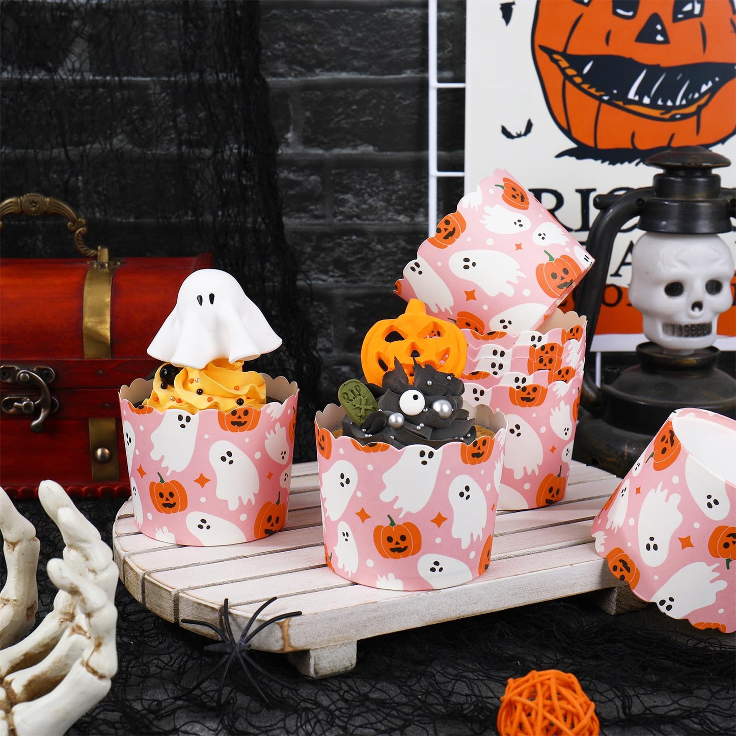 JarThenaAMCS 100Pcs Halloween Paper Baking Cups Pumpkin Ghost Cupcake Wrappers Orange Pink White Scalloped Edge Cupcake Muffin Cases for Halloween Dessert Decoration