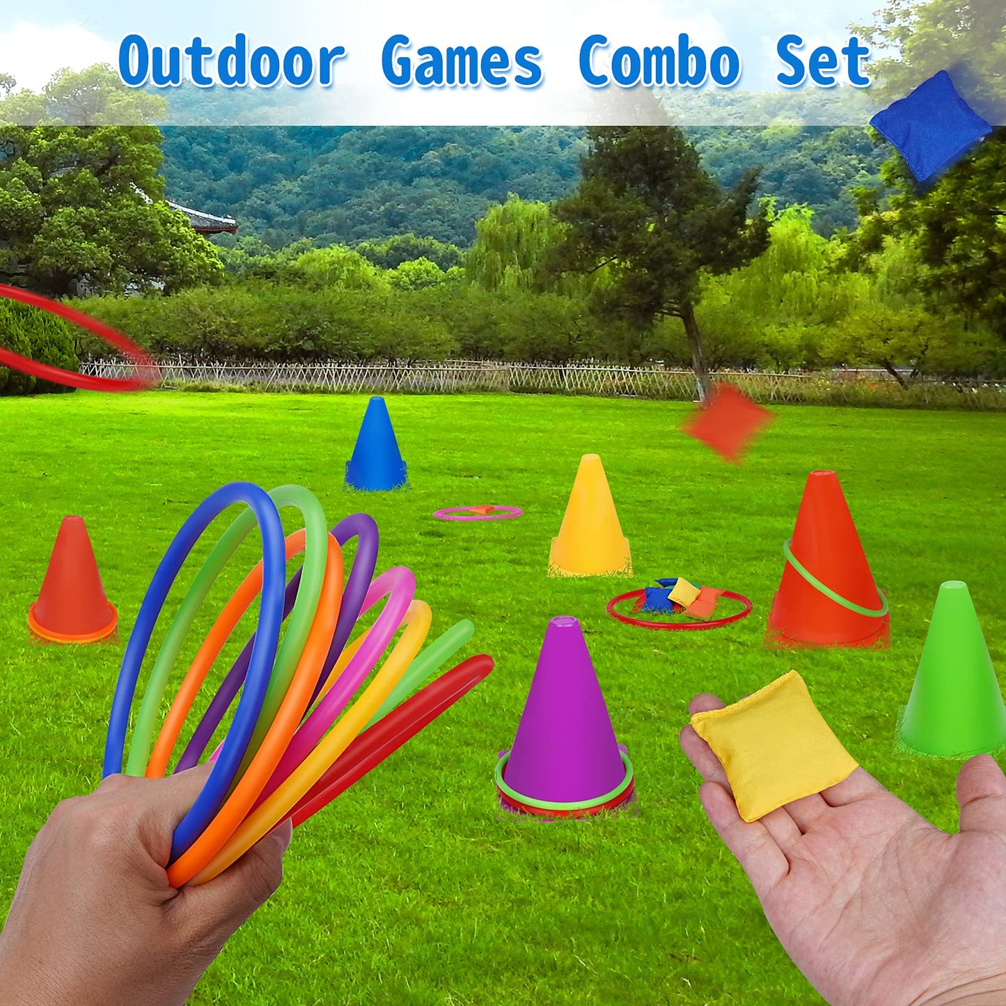 Win SPORTS 3 in 1 Carnival Outdoor,Combo Games Set,Soft Plastic Cones,Cornhole Bean Bags,Ring Toss Game,Kids Birthday Party Outdoor Games Supplies 26 Piece Set