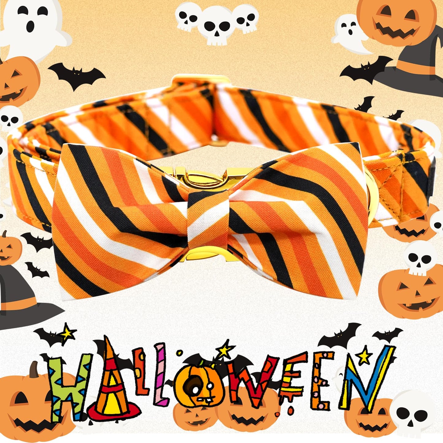 Elegant little tail Dog Collar, Fall Dog Collar Orange Stripe Holiday Pet Collar Dog Halloween Dog Bow Collar Pet Durable Adjustable Girl Boy Dog Collar for Small Dogs