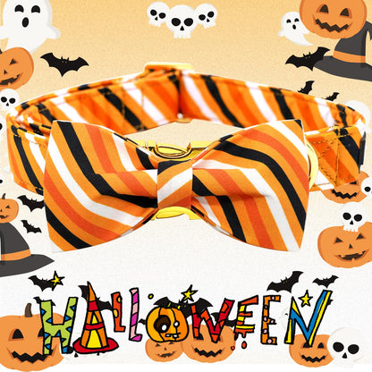 Elegant little tail Dog Collar, Fall Dog Collar Orange Stripe Holiday Pet Collar Dog Halloween Dog Bow Collar Pet Durable Adjustable Girl Boy Dog Collar for Small Dogs