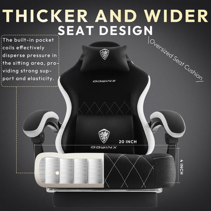 Dowinx Gaming Chair, Breathable Fabric Computer Chair with Pocket Spring Cushion, Ergonomic Massage Gamer chair with Lumbar Support and Footrest, Height Adjustable Office Game chairs for Adults, Black
