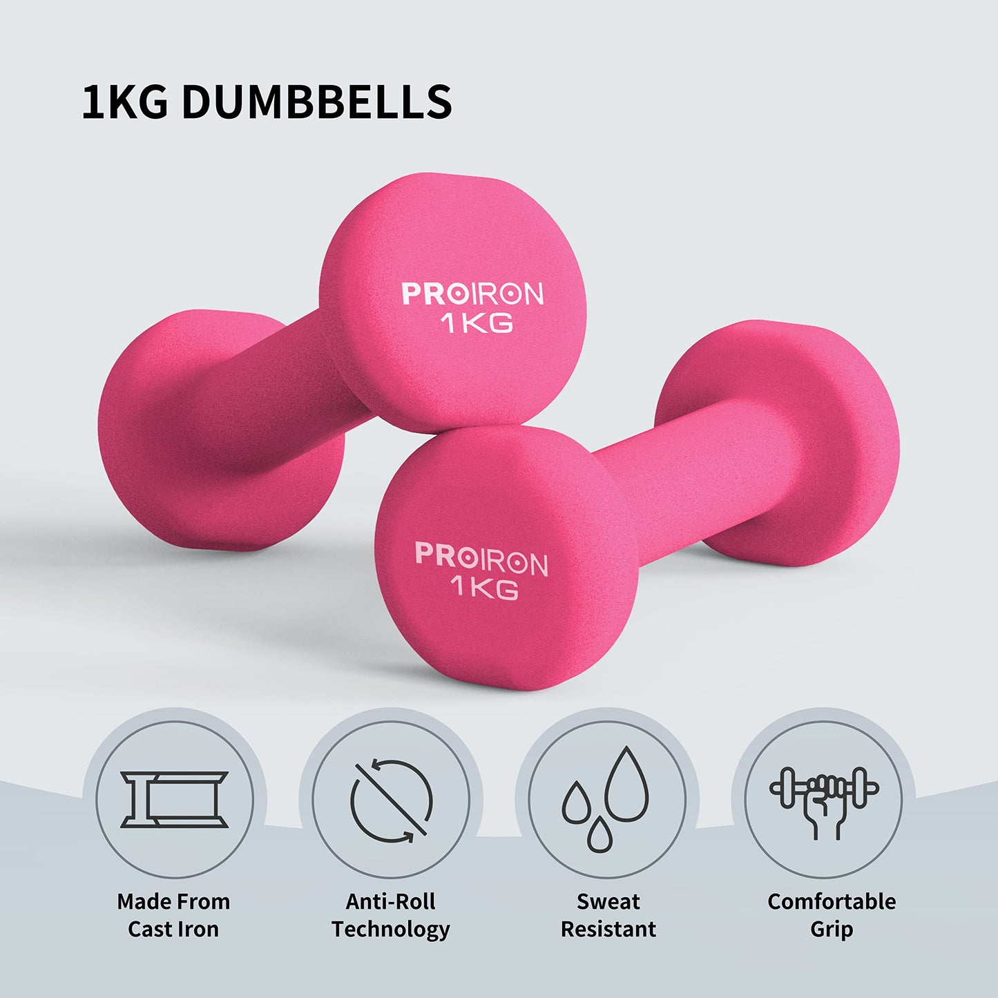 PROIRON Dumbbells Anti-Slip Neoprene Dumbbell Soft-Touch Grip Hand Weights Home Gym Exercise Women Men Arm Pilates Dumbbells in 1kg 1.5kg 2kg 3kg 4kg 5kg 8kg 10kg Pair