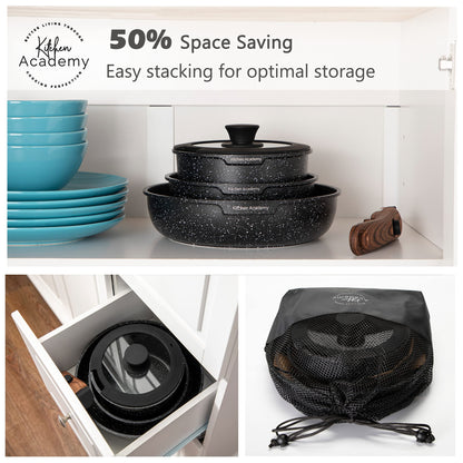 Kitchen Academy Removable Handle Induction Pots and Pans Set - 10 Piece Non-stick Cookware Sets, Black Granite Stackable RV Cookware for Camp