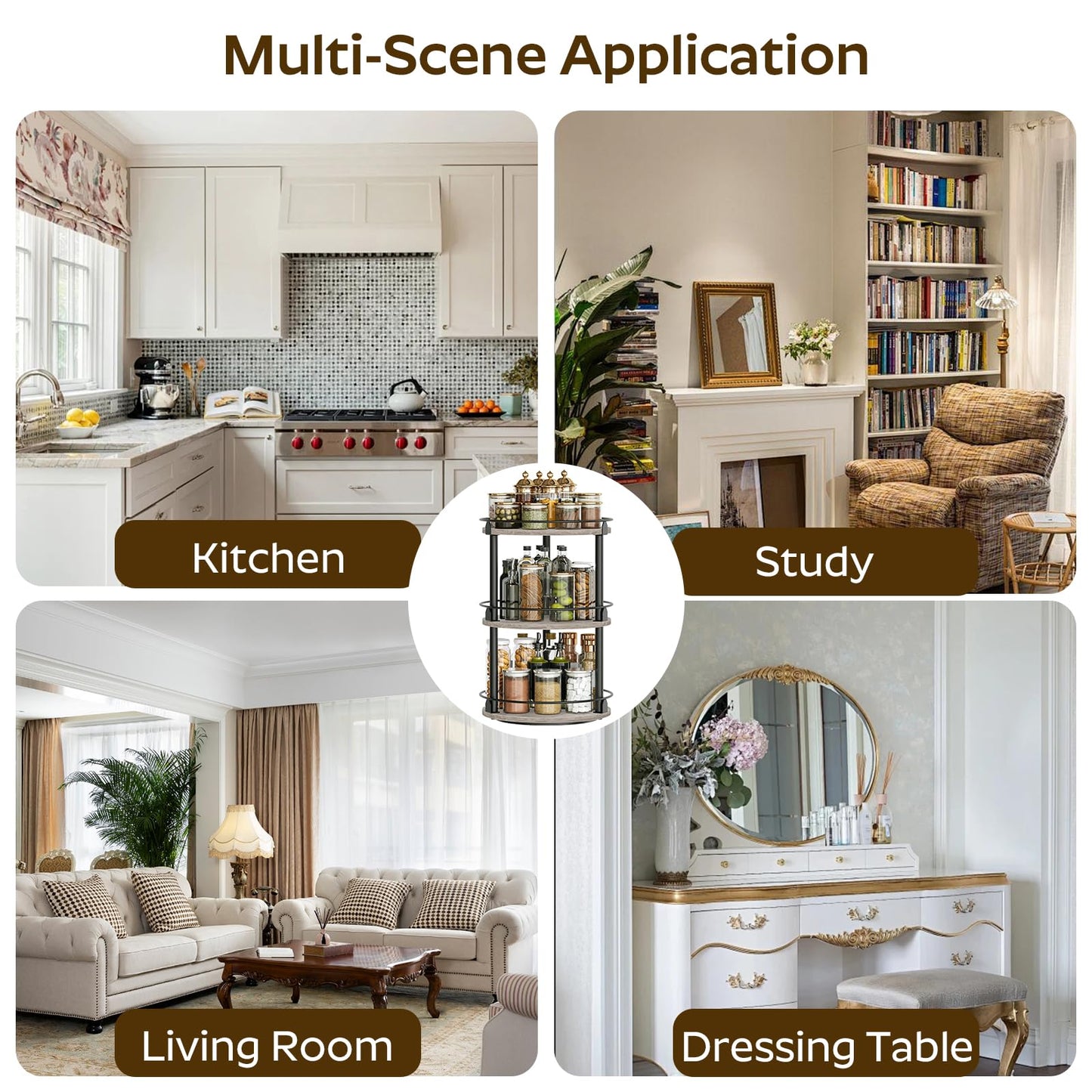 3-Tier Lazy Susan Organizer, Rotating Spice Rack, Spinning Organizer, Industrial Turntable Spice Rack Organizer for Cabinet, Kitchen Countertop, Pantry, Rustic Brown and Black SR23BR