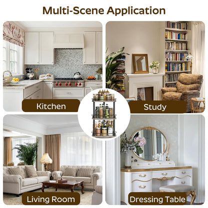 3-Tier Lazy Susan Organizer, Rotating Spice Rack, Spinning Organizer, Industrial Turntable Spice Rack Organizer for Cabinet, Kitchen Countertop, Pantry, Rustic Brown and Black SR23BR