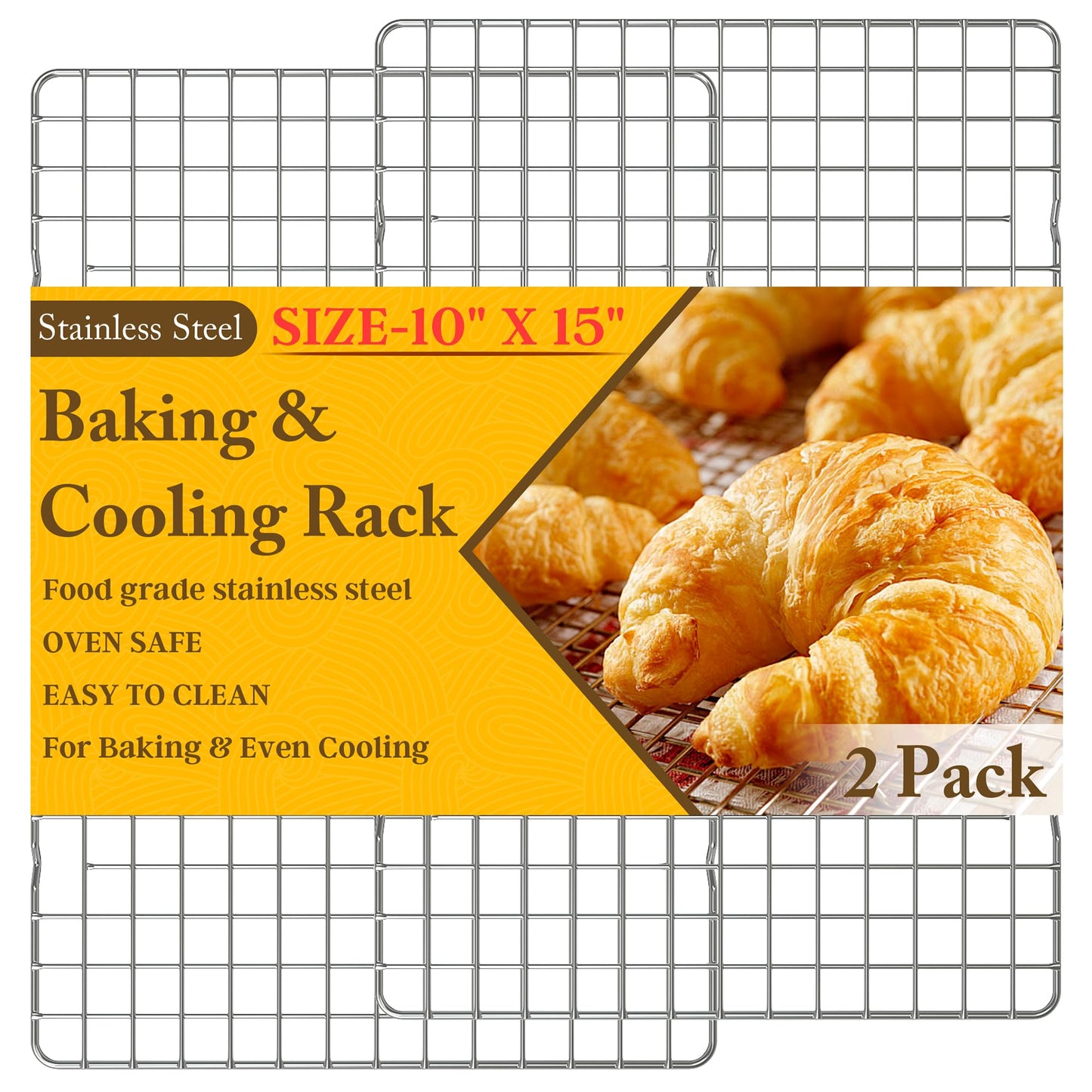 2PCS Cooling Racks for Cooking and Baking - 10" x 15"Heavy Duty Stainless Steel Wire Rack for Baking, Grilling, Roasting - Oven & Dishwasher Safe - Fits Jelly Roll Sheet Pan-Silver