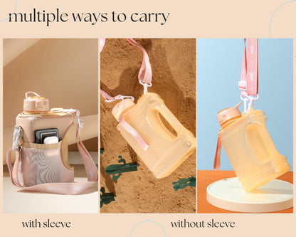 H2O Capsule Half Gallon Cube Square Water Bottle - 2.2L Water Bottle with Strap, Storage Sleeve, Covered Straw and Chug Lid – BPA Free Reusable Sports Water Jug with Handle, (68 Ounce), (Neutral)