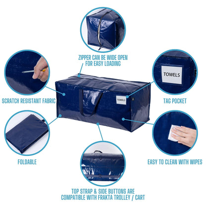 VENO 4 Pack Moving Bags w/Backpack Straps, Heavy Duty, Moving Boxes Alternative, Packing Supplies, Large Storage Totes for Dorm Room Essentials with Zipper for Clothes (Blue, 4 Pack)