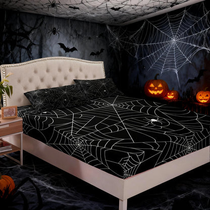 Feelyou Boys Spider Web Printed Bedding Set for Kids Children Halloween Themed Bed Sheet Set Decorative Scary Spider Pattern Fitted Sheet Black White Animal Theme Bed Cover Twin Size 2Pcs