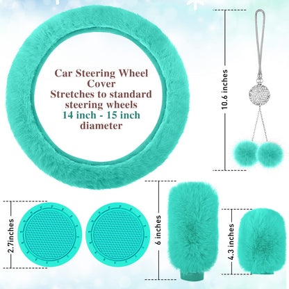 Frienda 6 Pieces Fluffy Car Accessories Set Bling Fluffy Steering Wheel Cover Soft Fuzz Handbrake Gear Shift Cover Bling Mirror Fuzz Car Pad Decoration(Mint Green)