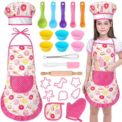 GIFTINBOX Kids Cooking and Baking Chef Set, 25PCS with Kids Apron,Chef Hat & Utensils Kids Cooking Set, Toddler Dress Up and Pretend Play Kitchen Toys, Birthday Toys for 3 4 5 6 7 8 Year Old Girls