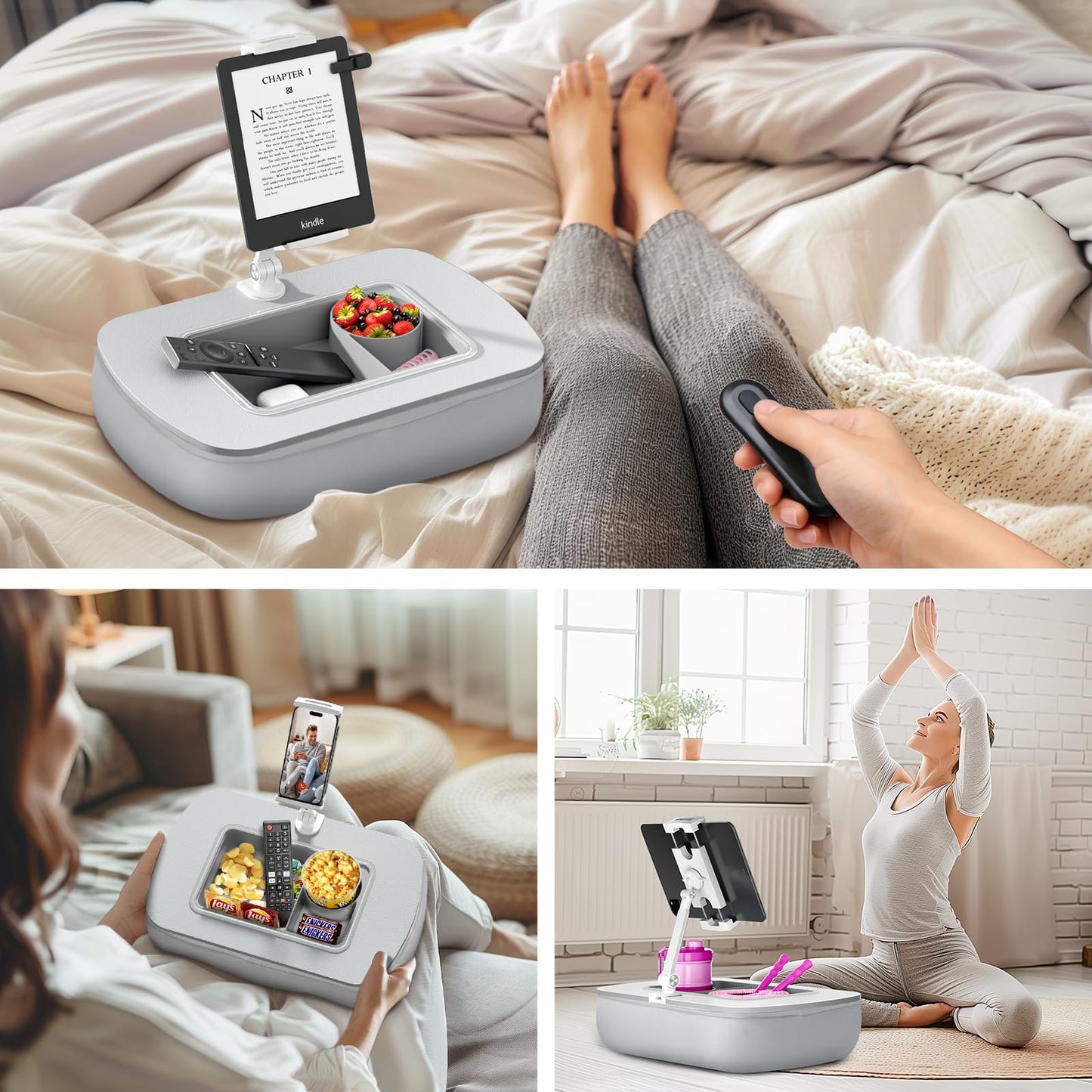 ERGONOV Tablet Stand Pillow with Snack Bowl, iPad Lap Holder for Hands-Free Reading and Relaxation on Bed,Couch,Recliner, 360° Rotating Clip for 4.7-13" Kindle,eBook,Tablet,iPhone (Light Gray)