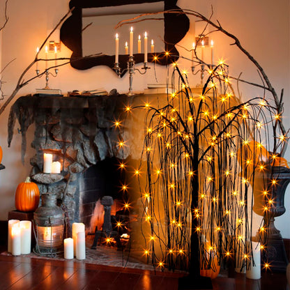 EAMBRITE Halloween Tree 4 FT 180 LED Black Willow Tree with Orange Purple Fairy Lights and Spider Web, Lighted Spooky Artificial Tree for Indoor Outdoor House Home Halloween Decorations