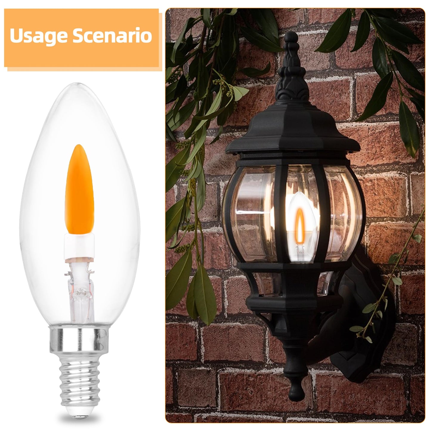 HEWA-Tech E12 Base C35 Flame Tip Flicker Bulbs - Crystal Clear Candle Light with Orange Glow Effect for Halloween/Christmas, E12 Non-Dimmable Chandelier Replacement Bulbs, 6-Pack (C35E12 Clear)