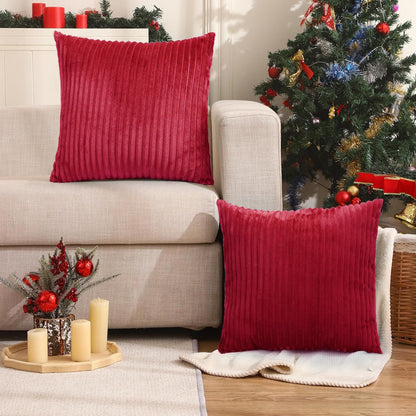 Simmore Decorative Christmas Throw Pillow Covers 18x18 Set of 2, Soft Natural Plush Flannel Double-Sided Fluffy Couch Pillow Covers for Sofa Living Room, Red