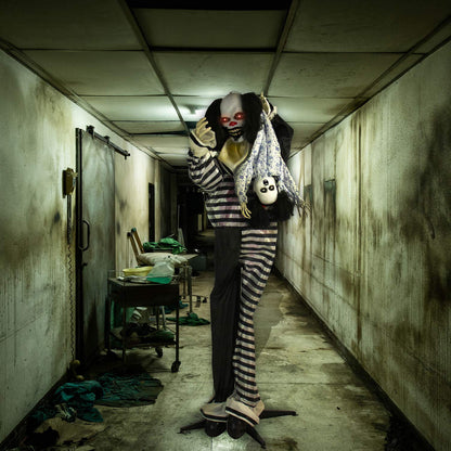 Haunted Hill Farm Life-Size Animatronic Scary Talking Clown with Doll, Motion, Touch Activated Lights, and Sounds, Indoor or Covered Outdoor Halloween Decorations, Battery Operated Halloween Props