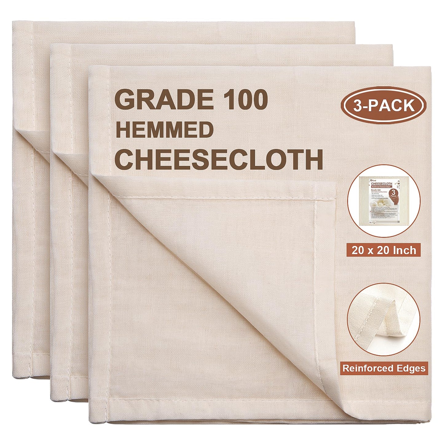 eFond Cheese Cloths | 3-Pack, 20x20Inch Squares with Hemmed Edges | Grade 100 Ultra Fine Reusable Cheesecloth for Straining | Unbleached Cotton Muslin Cloths | For Nut Milk, Butter, Baking & Cooking