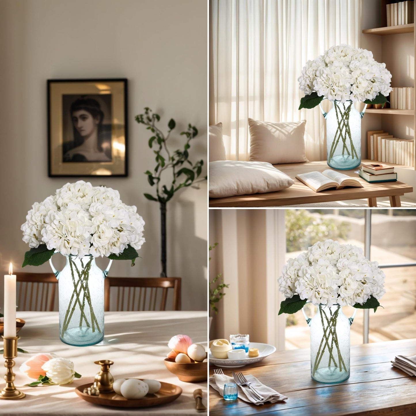 Kimura's Cabin 6pcs Fake White Flowers Artificial Silk Hydrangea Flowers Bouquets Faux Hydrangea Stems for Home Table Centerpieces Wedding Party Decoration (White)