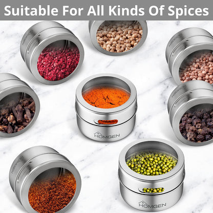 HOMGEN Magnetic Spice Jars 12-Pack - 3.4oz Stainless Steel Spice Containers with Magnet Strong Hold- Includes Labels & Chassis for Fridge/BBQ/Camping, Space-Saving Kitchen Organizer for Pantry & RVs