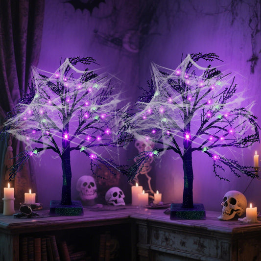 Happy Trees 2 Pcs Halloween Black Spooky Tree with 24 LED Purple Lights, Spider Web and 10 Noctilucent Spiders,18" Artificial Tree Decoration with Timer for Indoor Tabletop Holiday Party