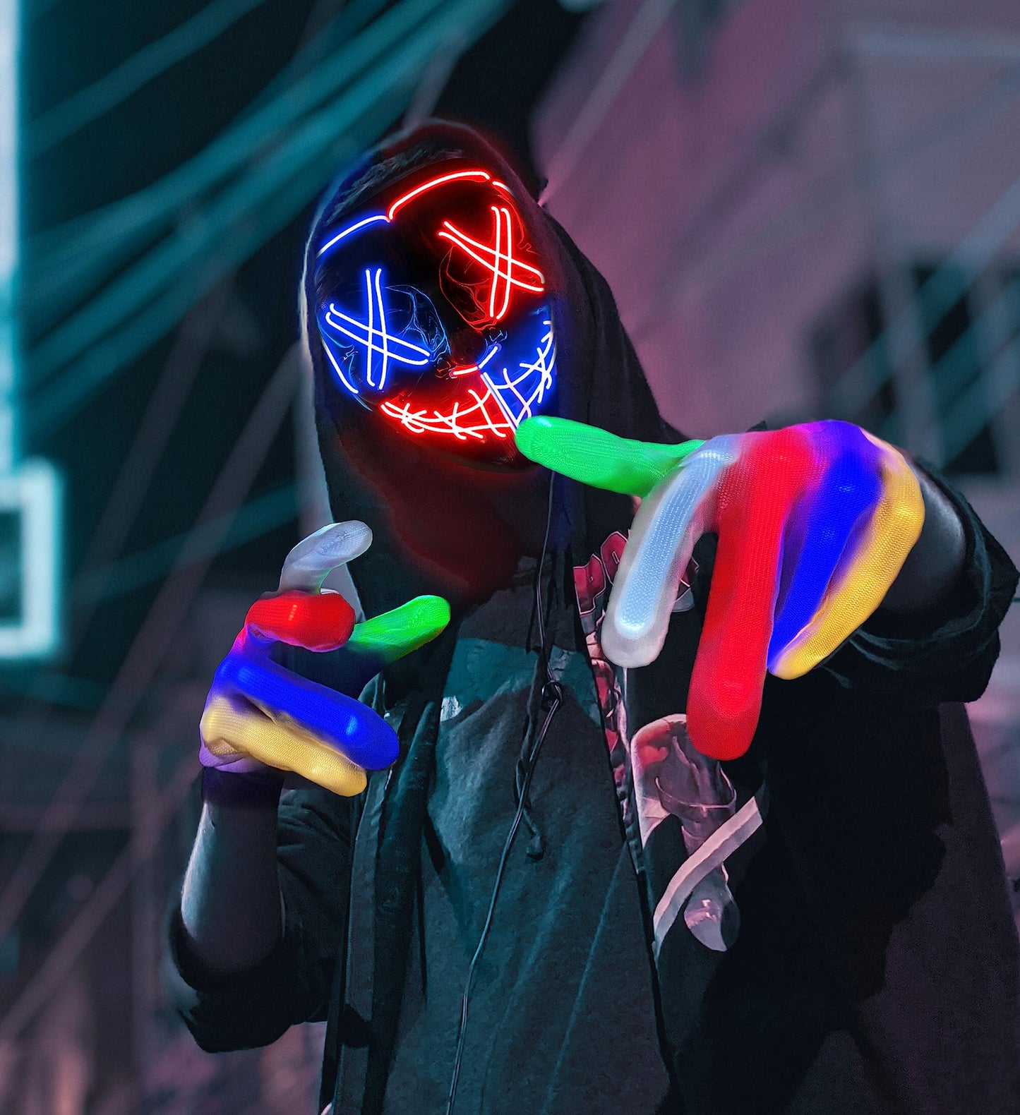 Halloween Mask Skeleton Gloves Set, Halloween Costumes Gifts for Men Women Boys Girls, 3 Modes Light Up Scary LED Mask with LED Glow Gloves, Halloween Decorations Scary Scream Anonymous Masks