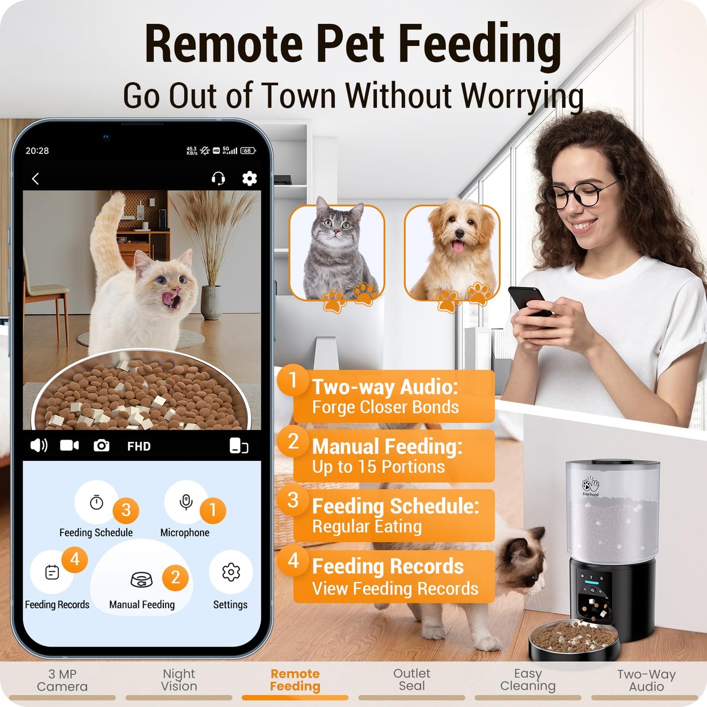 Frienhund Automatic Cat Feeder with 2K HD Camera: 5G WiFi Automatic Dog Feeder with Sealed Outlet,Cat Food Dispenser with Freshness for Multiple Pets,Detachable for Easy Clean-21 Cup (5L Food Storage)