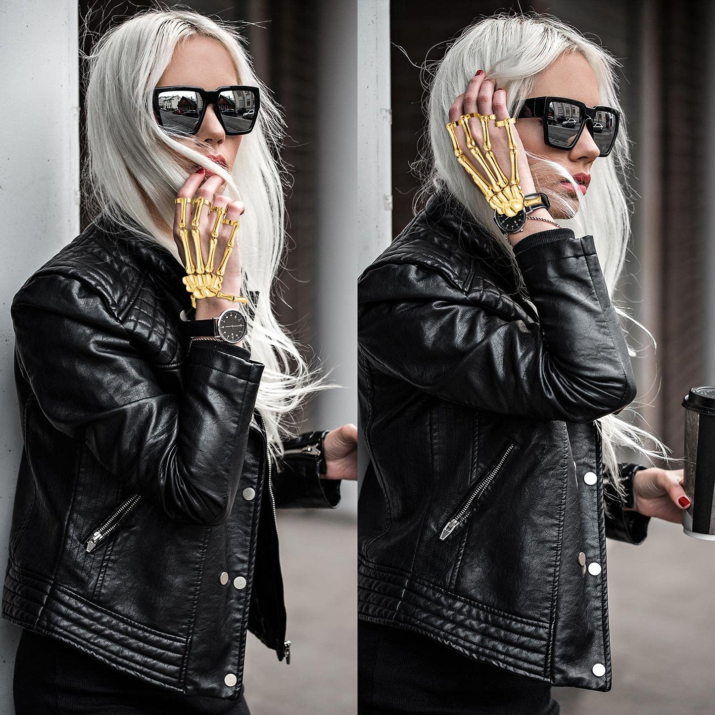 Hicarer 2 Pcs Skeleton Hand Bracelet with Finger Ring Metal Steampunk Skull Gothic Skull Bracelet Adjustable Skeleton Hand Jewelry Finger Wristband for Men Women Halloween Cosplay