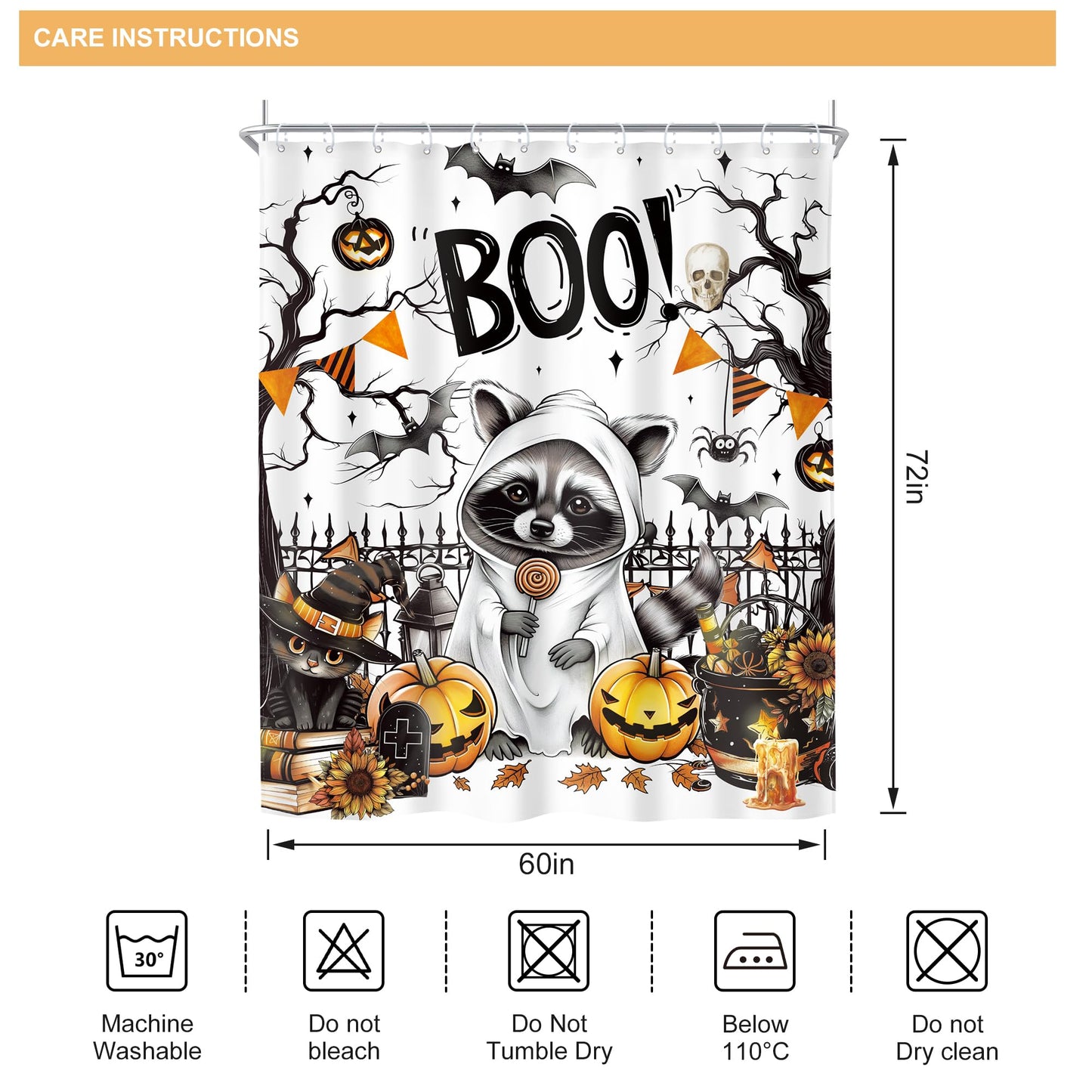 Riyidecor Funny Raccoon Halloween Shower Curtain Cute Pumpkin Sunflower Ghost Spooky Bat Black Cat Animal Leaves 60Wx72H Inch Tree Fence Cool Fabric Decor Bathroom Polyester Waterproof 12 Pack Hooks