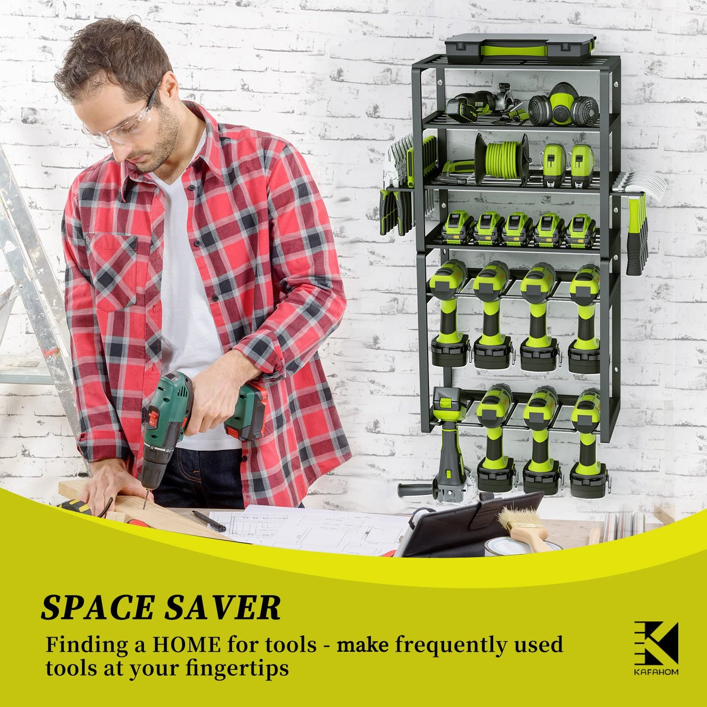 KAFAHOM Power Tool Organizer,8 Drill Holder Wall Mount,6 Layer Heavy Duty Metal Tool Storage Rack,Large Utility Tool Shelf for Cordless Drill, Garage Wall Organizer for Lifetime Use