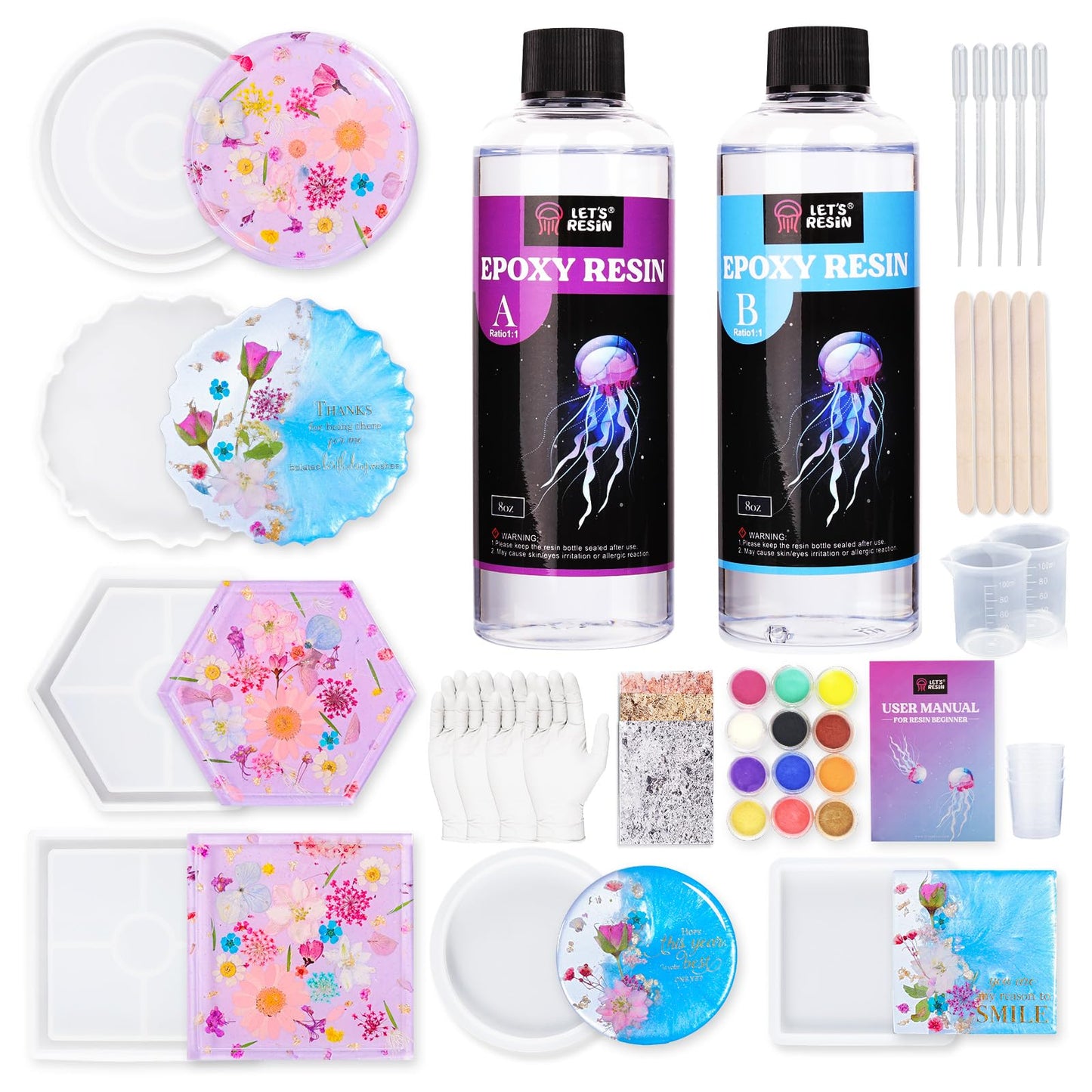 LET'S RESIN Coaster Kit, 16oz DIY Epoxy Resin Kit with Molds and Mica Powder Complete Set, Crafts for Adults, Beginners, Ideal Starter DIY Art Supplies Gift Set for Adults