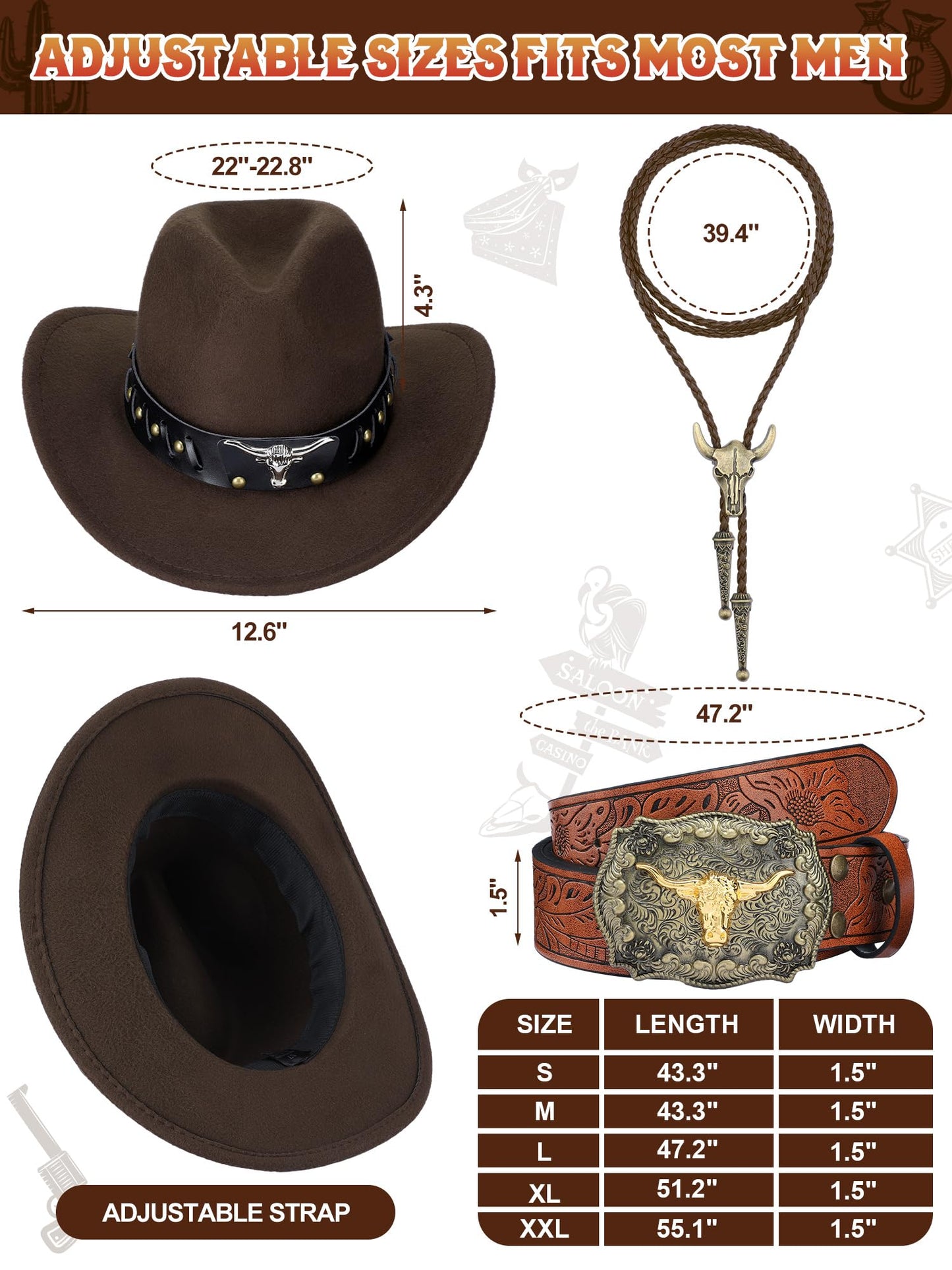 Cutecrop 4 Pcs Western Cowboy Outfits for Men Suede Leather Vest Hat Bolo Tie Belt for Western Halloween Cosplay(X-Large,Brown)