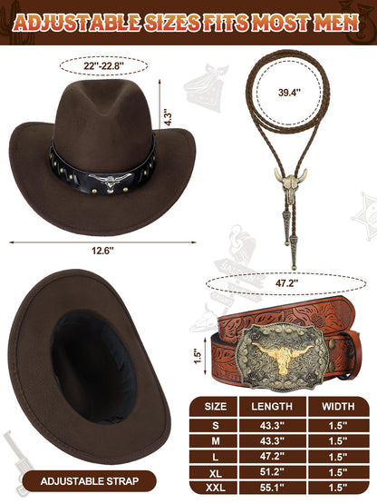 Cutecrop 4 Pcs Western Cowboy Outfits for Men Suede Leather Vest Hat Bolo Tie Belt for Western Halloween Cosplay(X-Large,Brown)