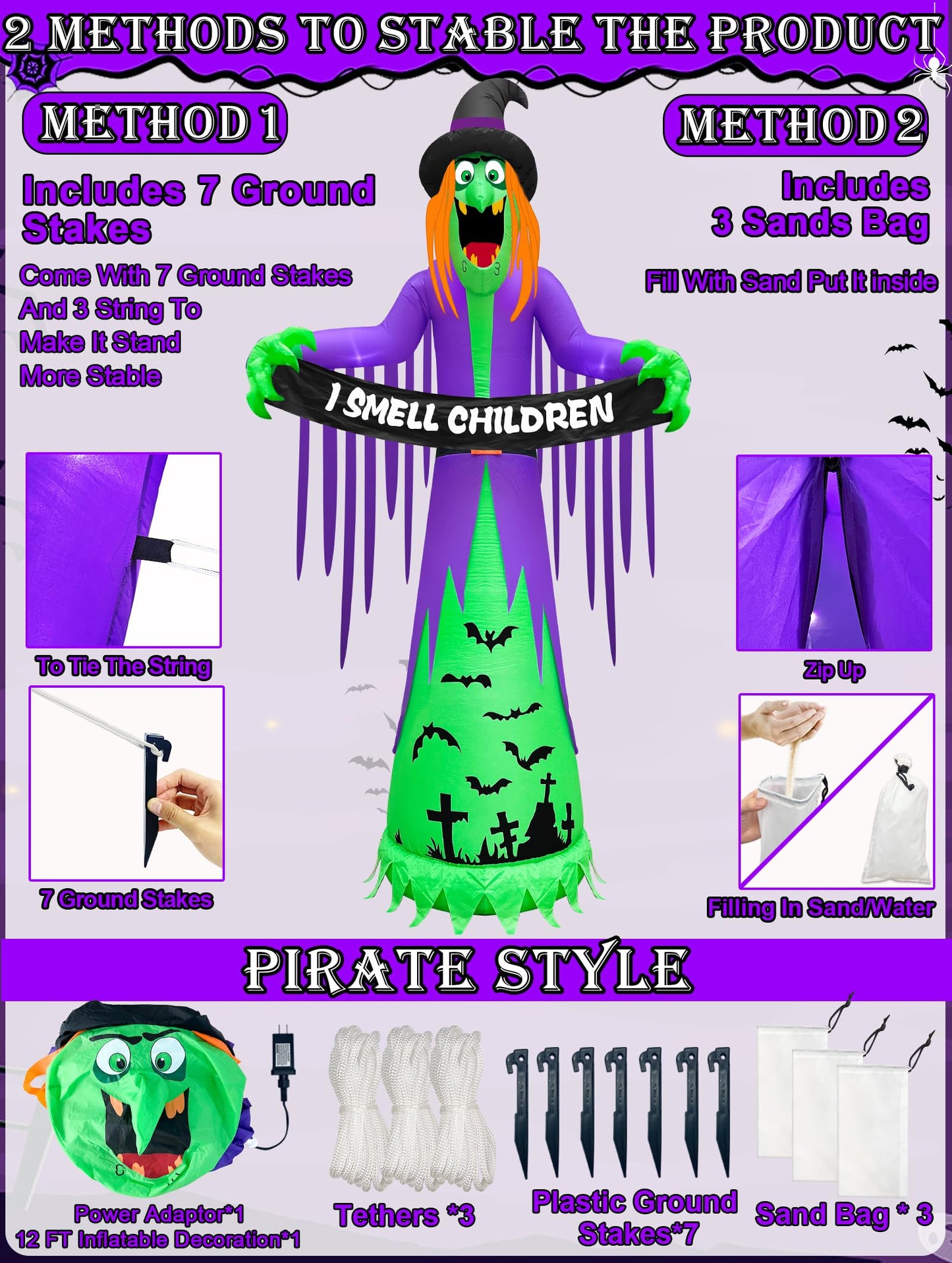 12 FT Giant Halloween Inflatables Witch Outdoor Decorations with LED Lights,Scary Witch Holds I Smell Children Banner Blow Up Halloween Decorations Outdoor Yard Garden Lawn Home with Stakes Tether