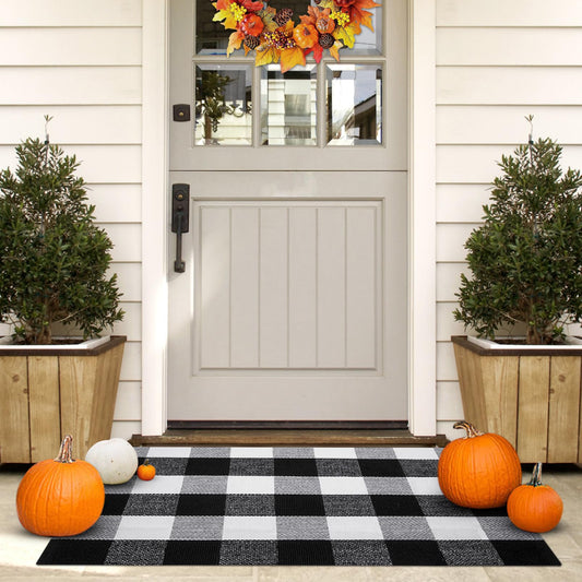 Fall Door Mat, 2X3 ft Black and White Buffalo Plaid Outdoor Doormat, Washable Welcome Checkered Front Door Mat Porch Decor Fall Decorations for Home, Indoor, Front Door, Farmhouse, Entryway