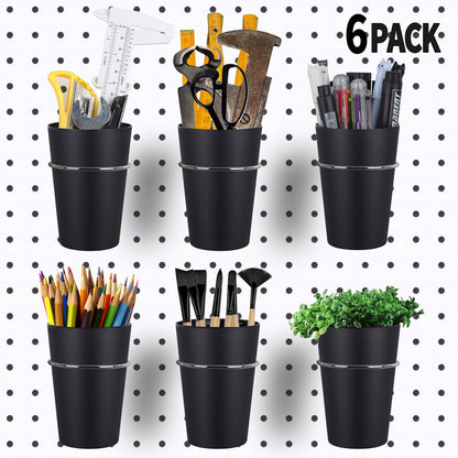Kuhome 6 Set Ring Style Pegboard Hooks with Pegboard Cups, Black, Stainless Steel & Plastic, Ideal for Craft Room, Work Bench, Garage