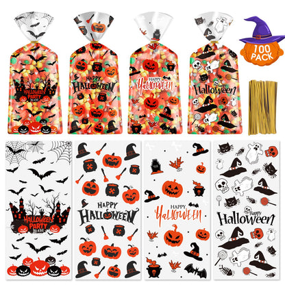 100 Pcs Halloween Treat Bags - Happy Halloweens Goodie Bag, Plastic Halloween Pumpkin Cellophane Bag Bulk, Clear Gift Goody Candy Bags with Twist Ties for Halloweens Party Supplies Favors Decorations