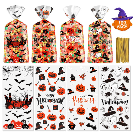 100 Pcs Halloween Treat Bags - Happy Halloweens Goodie Bag, Plastic Halloween Pumpkin Cellophane Bag Bulk, Clear Gift Goody Candy Bags with Twist Ties for Halloweens Party Supplies Favors Decorations