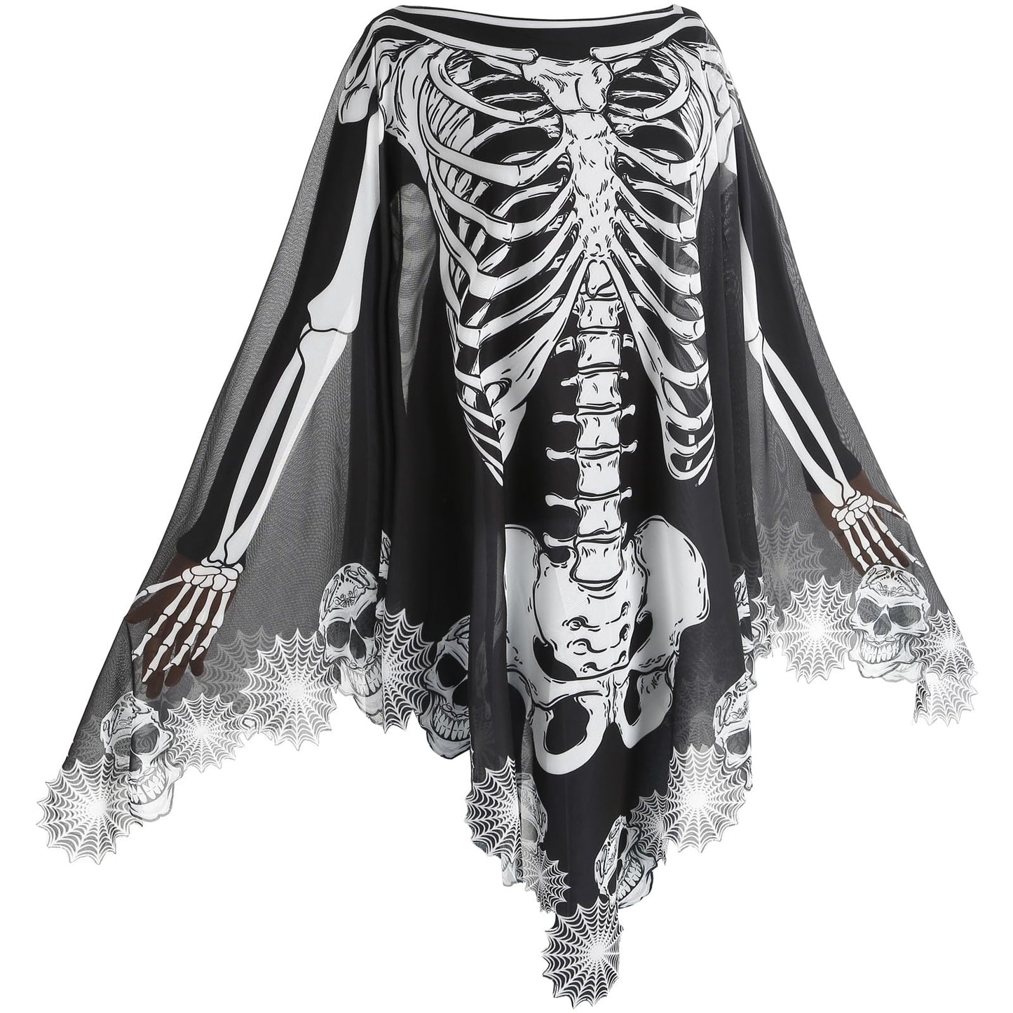 GRAJTCIN Halloween Skeleton Costume for Women Lace Poncho Day of The Dead Costume Plus Size Skull Spider Cape- 3D Skeleton(Black)