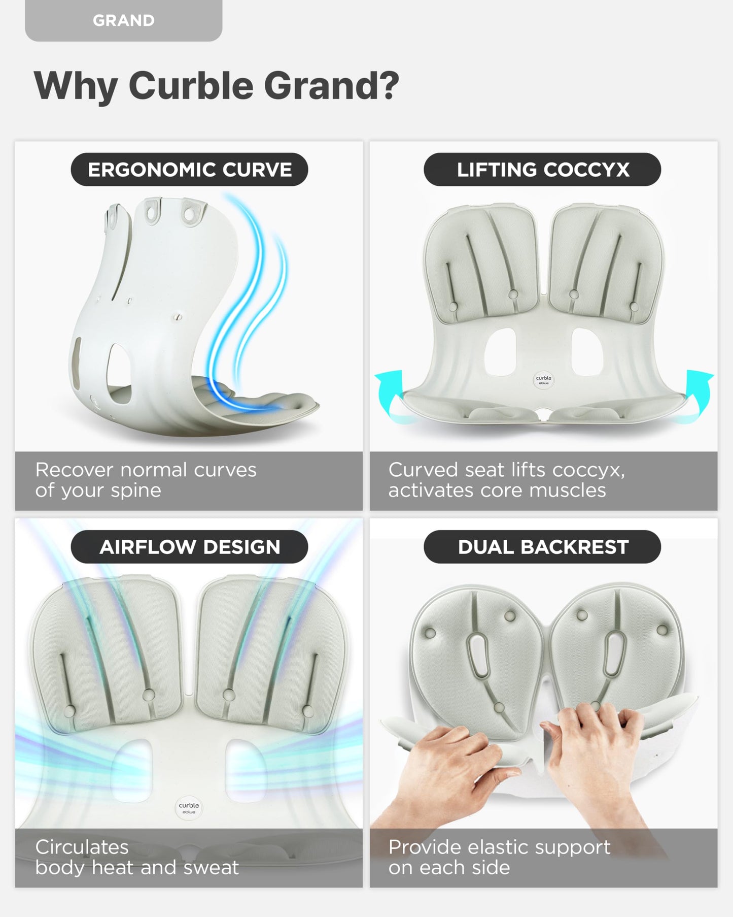 curble Grand(Extra Wide & Sturdy) – Ergonomic Back and Lumbar Support for Good Posture Correction and Back Pain Relief, Perfect for Office, Floor Seat and Work from Home, Patented (Grey)