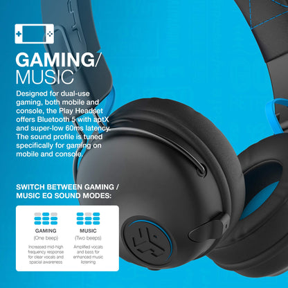 JLab Play Gaming Wireless Headset, 22+ Hour Bluetooth 5 Playtime 60ms Super-Low Latency for Mobile Gameplay, Retractable Boom Mic, AUX Gaming Cord Compatible with Gaming Consoles
