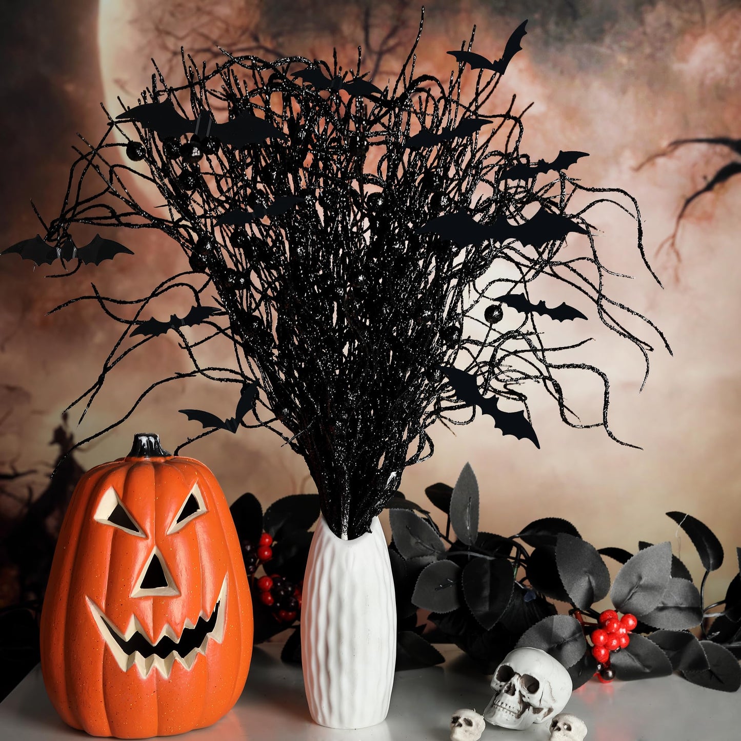 16 Pcs Artificial Halloween Branches Picks Ornaments with 12 Pcs Bats- Fake Black Berry Stems Curly Willow Branches- Faux Glitter Black Berries Twig Stems Sticks for Halloween Christmas Home Decor