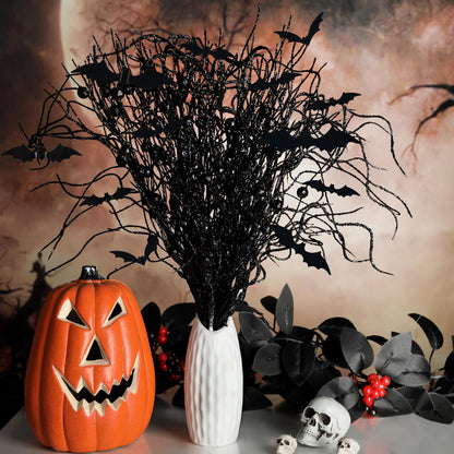 16 Pcs Artificial Halloween Branches Picks Ornaments with 12 Pcs Bats- Fake Black Berry Stems Curly Willow Branches- Faux Glitter Black Berries Twig Stems Sticks for Halloween Christmas Home Decor