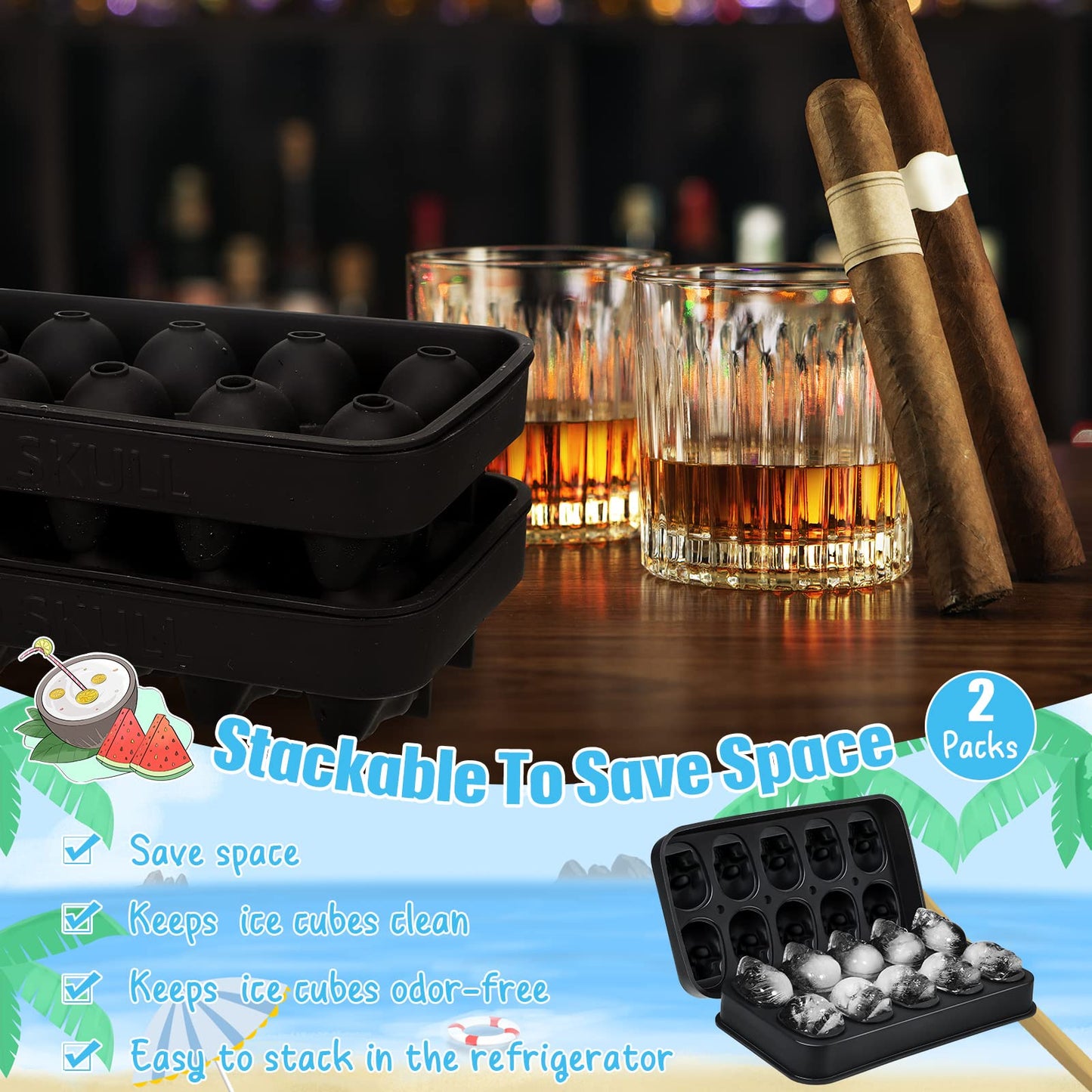 Hoolerry 2 Pack Silicone Skull Ice Cube Maker Mold Flexible Skull Ice Cube Tray for Whiskey Baking Chocolate Candy Resin