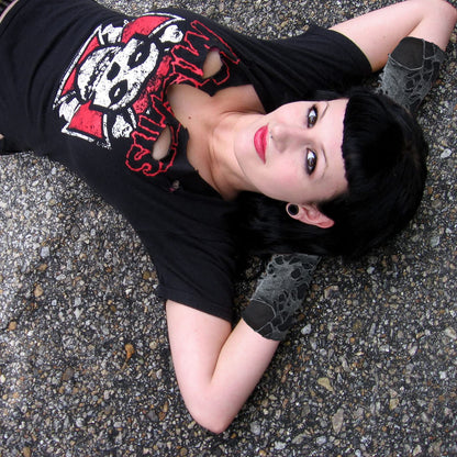 JISEN Women Punk Fingerless Gloves Ripped Cosplay Gothic Mittens for Halloween Costume Party E-Black