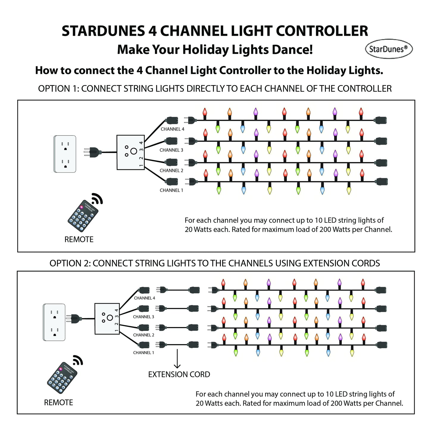 4 Channel Light Controller for Holiday Lights, Christmas Lights, Outdoor Decorations. Create Dazzling Light Displays with Multiple Functions, Chasing, Twinkle, Shooting Star, Stacking, Sparkle etc.