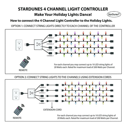 4 Channel Light Controller for Holiday Lights, Christmas Lights, Outdoor Decorations. Create Dazzling Light Displays with Multiple Functions, Chasing, Twinkle, Shooting Star, Stacking, Sparkle etc.