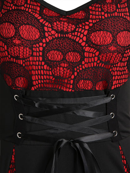 DRESSFO Summer Lace Up Cross Back A Line Gothic Sundress Skull Lace Godet Dress for Women (Black Red/1X)