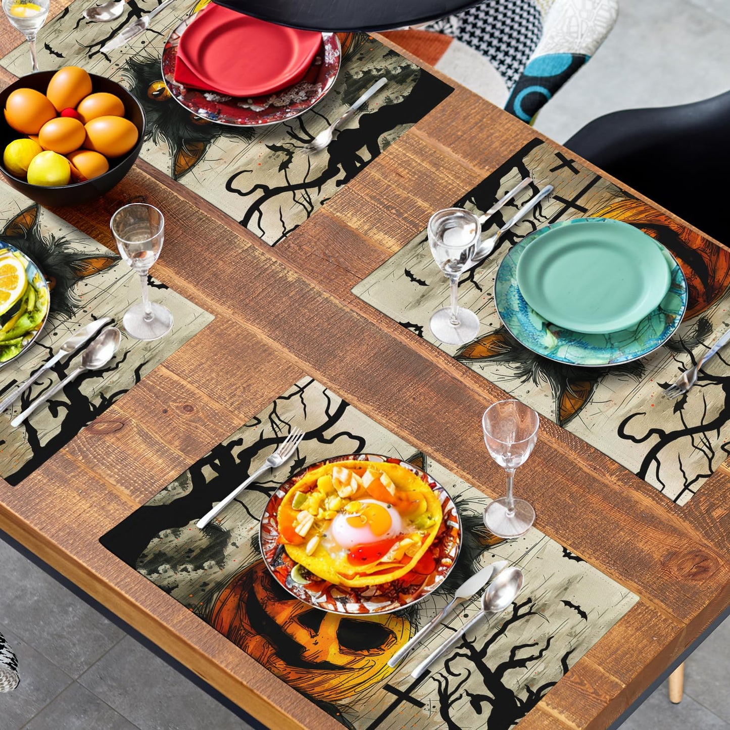 Halloween Black Cat Pumpkin 12x18 Placemats Set of 4 Happy Halloween Bat Branch Linen Table Place Mat Seasonal Fall Washable Heat Resistant Non Slip Table Placemats for Party Kitchen Dining Decor