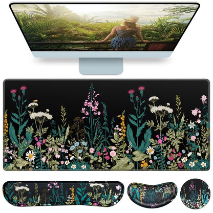 Desk Mat, Large Gaming Mouse Pad with Wrist Rest, 4in1 XXL Mousepad+Keyboard Wrist Rest+Mouse Pad Wrist Support+Cup Coaster Set Ergonomic Floral Computer Desk Arm Wrist for Decor Home Office Women